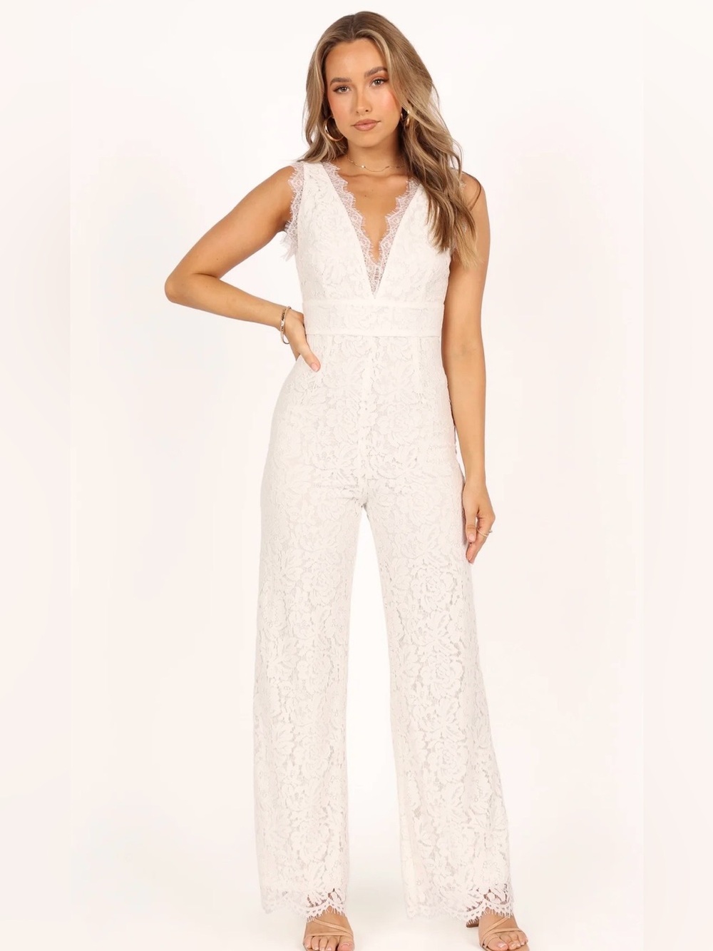 Petal & Pup Eloise White Lace V-Neck Wide-Leg Formal Jumpsuit